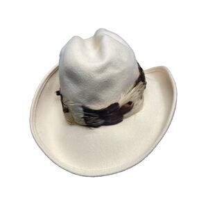 RARE VTG 1960's Schiaparelli Paris Cream Ivory Brown Feathers Western Style Hat